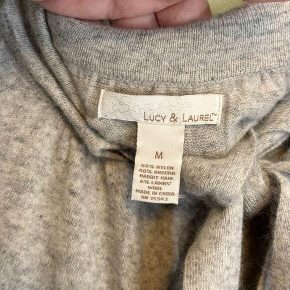 Lucy & Laurel Sweater Cardigan M Knitted Tie Collar Angora Wool 3/4 Sleeve Gray - Picture 6 of 8